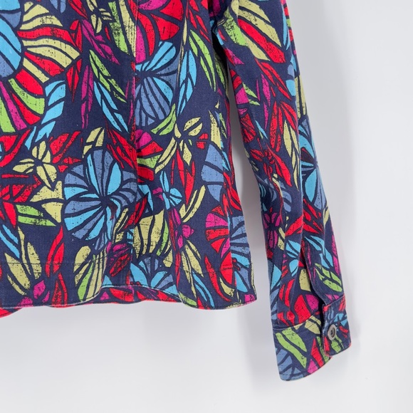 🌺 Multi-Color Floral Tropical Print Denim Jacket Resort Wear Vacation Chic Sz 12 - Picture 12 of 15